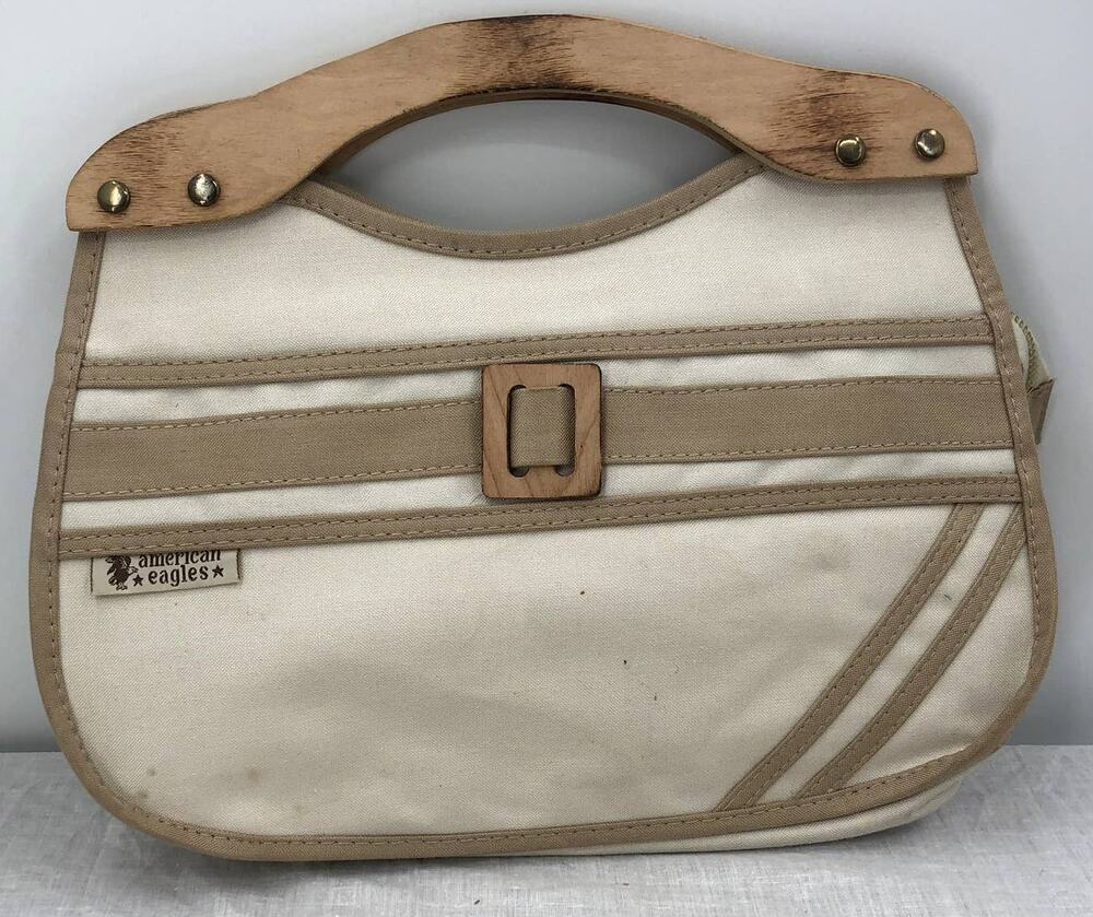 American Eagles Vintage Brown Cream Canvas Bag with Wooden Handles Top Handle